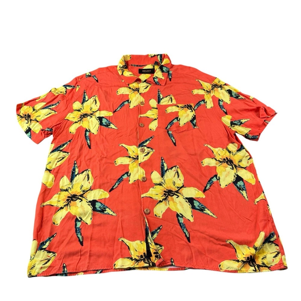 Deus Ex Machina Orange Yellow Floral Rayon Men's Hawaiian Shirt Size XL